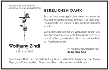 Traueranzeige von Wolfgang Zindl von Pegnitz-Zeitung